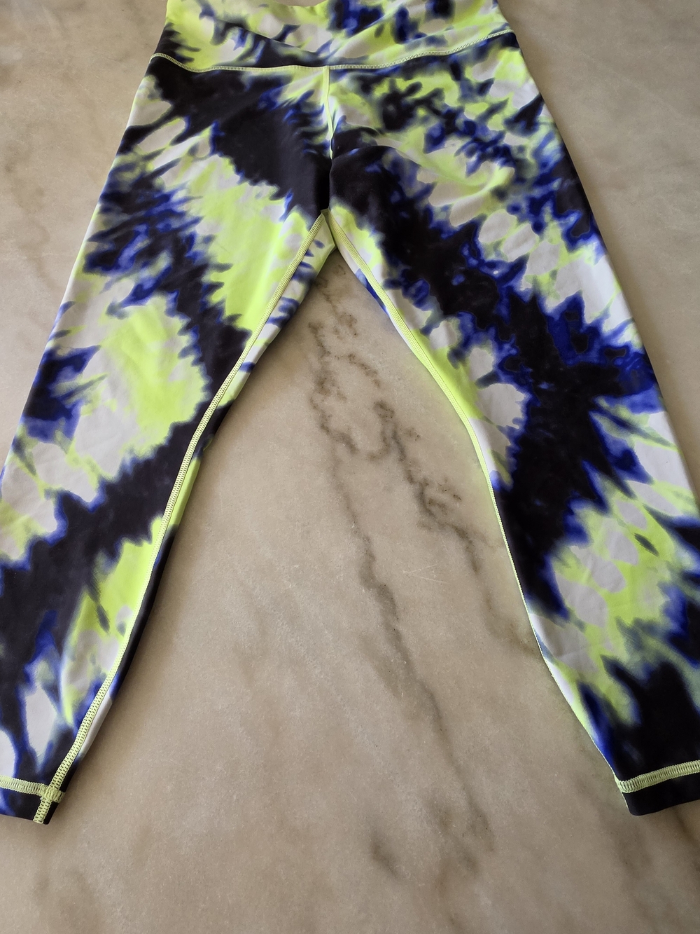 Athleta Neon Yellow, Navy & White Tie-Dye Active Leggings